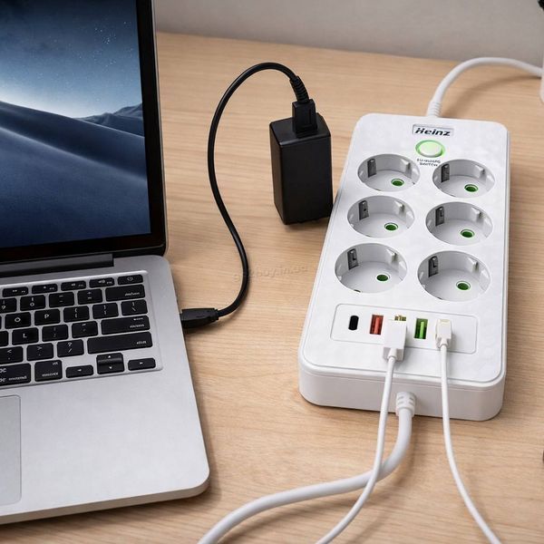 Подовжувач електричний 6 розеток + 3 USB + 1 Type-C, 2500 Вт, кабель 3 м, білий