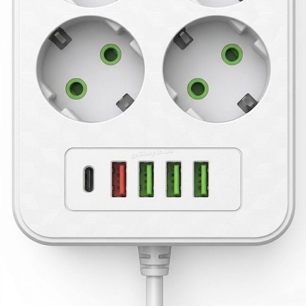 Подовжувач електричний 6 розеток + 3 USB + 1 Type-C, 2500 Вт, кабель 3 м, білий